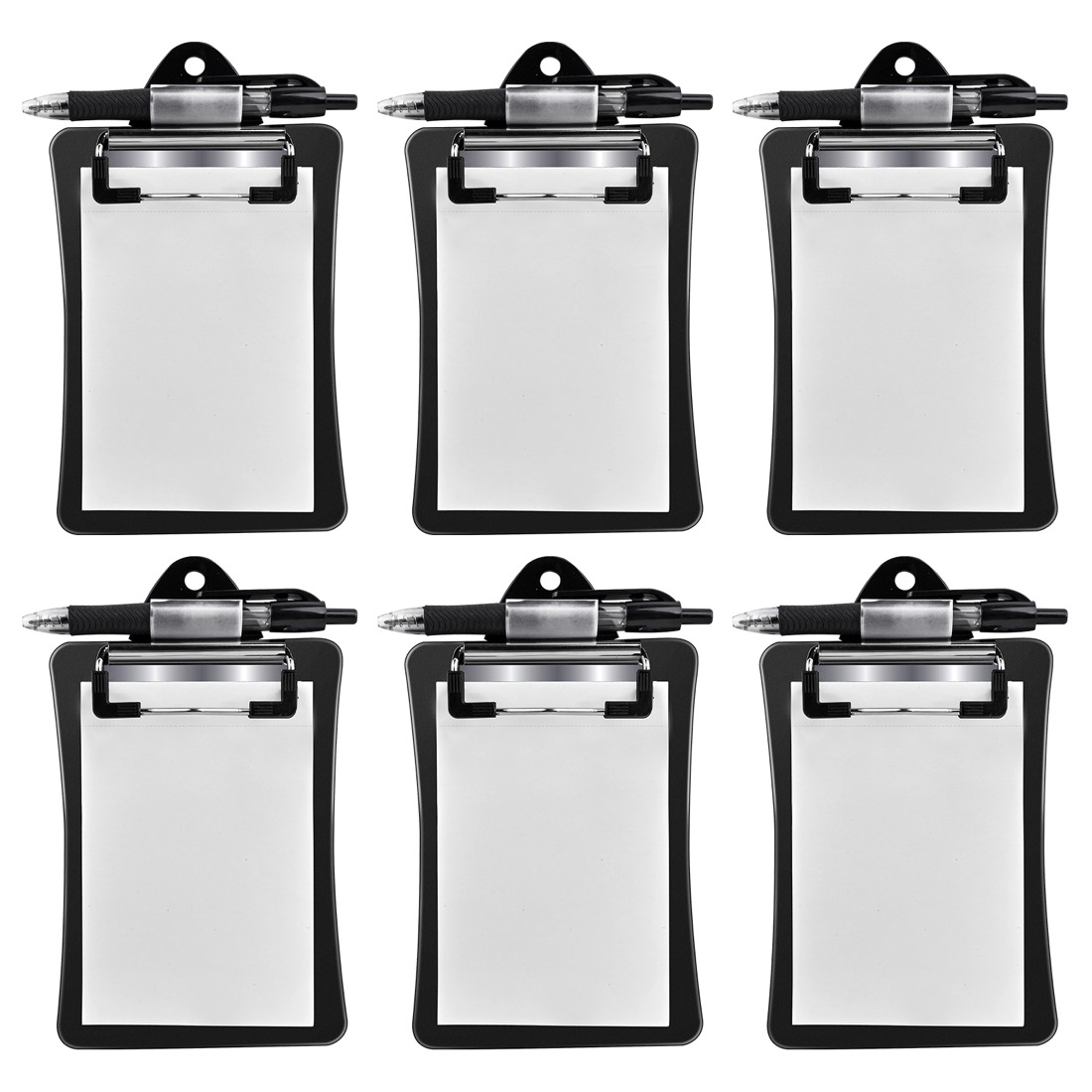 Clipco black mini clipboard kits with attached pens, six-pack